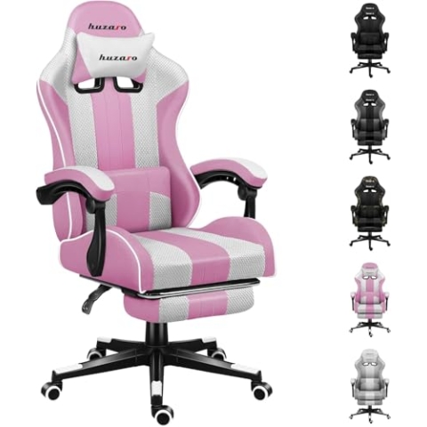 huzaro Force 4.7 Pink Mesh | Gaming Stuhl Bürostuhl Computerstuhl PC Chair | 90-140° Neigungswinkel Kopfstütze Lendenkissen Höhenverstellbar Fußstütze | bis 140 kg belastbar | Stoff | Rosa