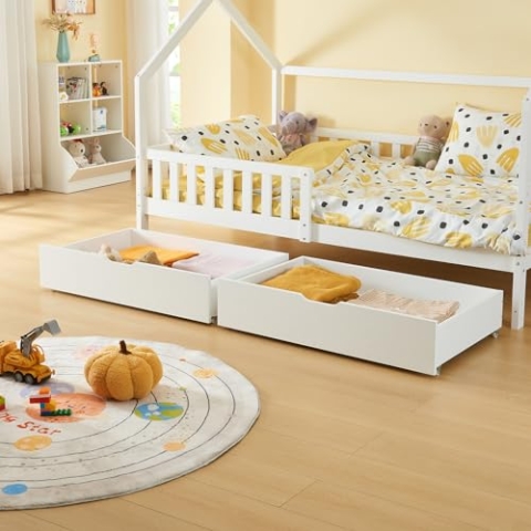 [en.casa] Unterbettkommode Ydre 2er Set Unterbett Aufbewahrungsbox 97,5 x 62 x 22 cm Bettkasten Holz Bettschublade auf Rollen Weiß