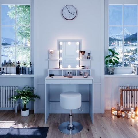 Vicco Schminktisch Ania, Kosmetiktisch mit Spiegel, Weiß, 80 cm mit LED Beleuchtung und Hocker