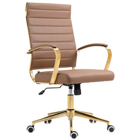 CLP Ergonomischer Bürostuhl Havanna Kunstleder I Höhenverstellbarer Schreibtischstuhl Mit Metall-Gestell In Gold-Optik I 360 Grad Drehbar, Farbe:Hellbraun