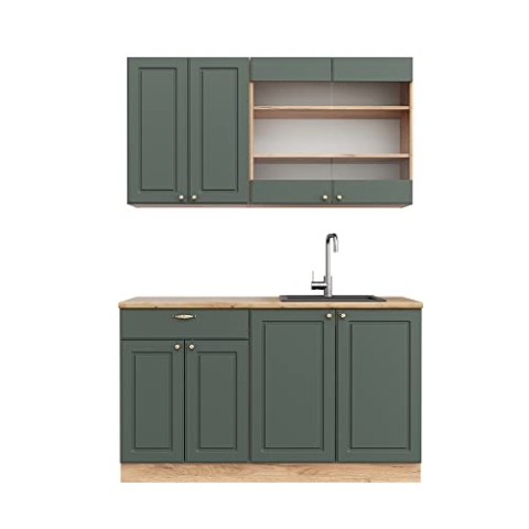 Vicco Singleküche Fame-Line, Grün-Gold Landhaus/Goldkraft Eiche, 140 cm ohne Arbeitsplatte