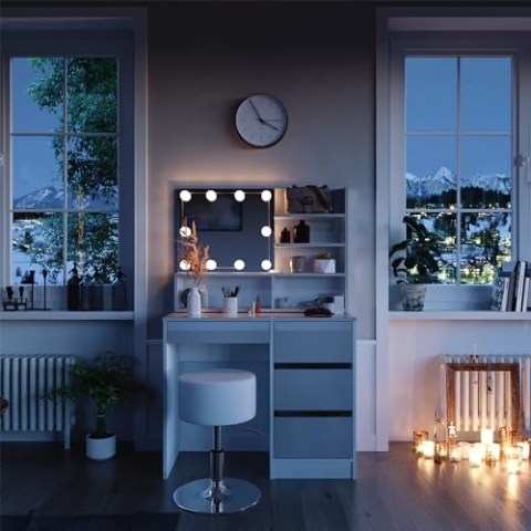 Vicco Schminktisch Sherry, Weiß Hochglanz, 90 cm mit LED Beleuchtung, Hocker und Spiegelregal