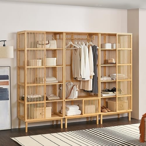 [en.casa] Garderobenset Trundholm + Vemb 185 x 240 x 45 cm aus Bambus 2 x Standregal mit 5 Ablagefächern und 1 x Garderobenständer für Flur Schlafzimmer Wohnzimmer