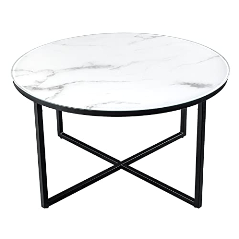 riess-ambiente.de Eleganter Couchtisch Boutique 80cm weiß rund Kristallglas mit Marmor-Dekor schwarzes Gestell