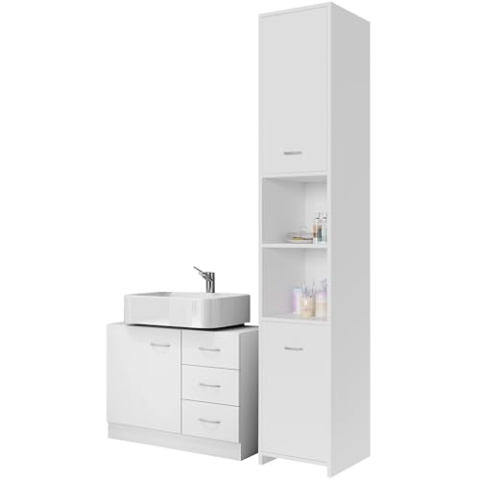 Casaria® Badmöbel Set 2-TLG Weiß Waschbeckenunterschrank Badezimmerhochschrank Unterschrank mit Schubladen Hochschrank Bad Regal Holz Für Kleine Bäder