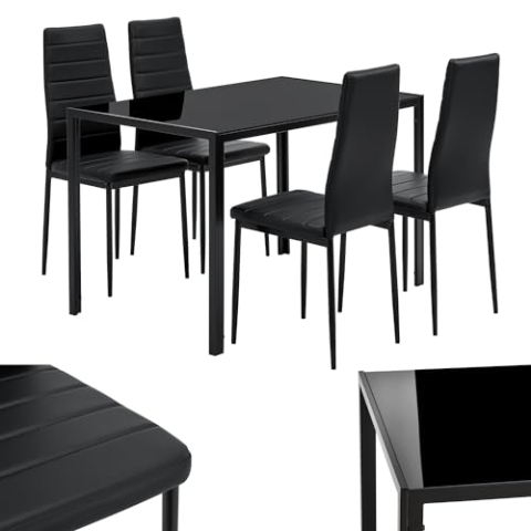 Juskys Esstisch Dalya (120 x 70 cm) mit 4 gepolsterten Stühlen, Tischplatte aus robustem Glas, Gestell aus Stahl, Bezug aus strapazierfähigem Kunstleder - Für Esszimmer und Küche