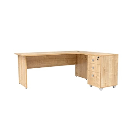 furni24 Schreibtisch Winkelschreibtisch, Eckschreibtisch, Moderner Bürotisch Computertisch mit großer Arbeitsfläche, Holzbeinen, Bürotisch,PC Tisch, Dona Eiche inkl.Beistellcontainer rechts gewinkelt