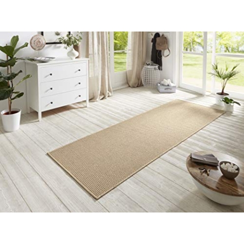 BT Carpet Nature Läufer In- und Outdoor – Schlingen Küchenläufer rutschfest Flachgewebe Kurzflor Woll-Optik Fineloop Küchenteppich für Flur, Küche, Garten, Terrasse, Badezimmer – Beige, 80x150cm
