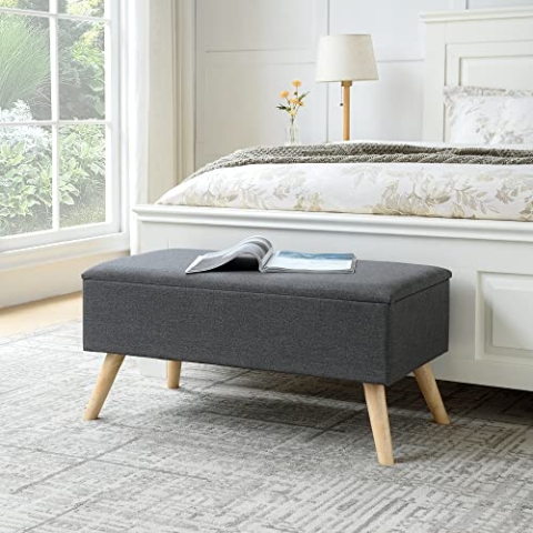 [en.casa] Sitztruhe Salford Sitzbank Bettbank mit Stauraum Polsterbank 79 x 39,5 x 39,5 cm mit Holzfüßen und aufklappbarer Sitzfläche Aufbewahrungsbank Belastbarkeit 150 kg Dunkelgrau