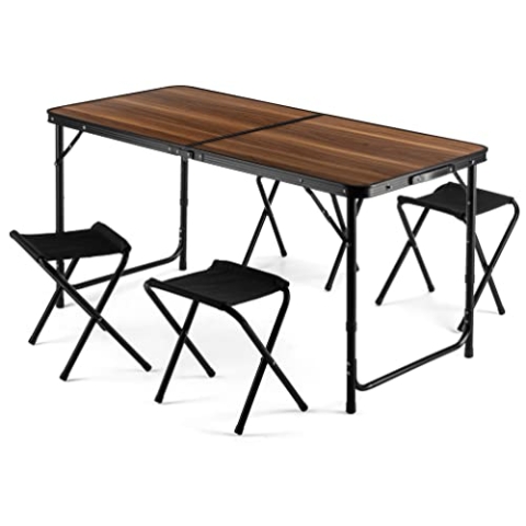 Outtec Campingtisch Faltbar mit 4 stühlen, Höhe Tragbarer Klapptisch Camping 120 x 60 cm Tragegriff, Aluminium Camping Tisch Stuhl Set, Klappbaren Hockern für Camping, Picknick, Grillen, Garten