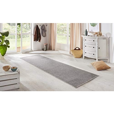 BT Carpet Nature Läufer In- und Outdoor – Schlingen Küchenläufer Rutschfest Flachgewebe Kurzflor Woll-Optik Fineloop Küchenteppich für Flur, Küche, Garten, Terrasse, Badezimmer – Silber Grau, 80x250cm