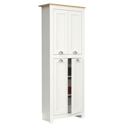 VCM Holz Flurschrank | 5 Fächer | Badezimmerschrank | Maße: H. 184 x B. 72 x T. 32 cm | 4 Drehtüren | Elegante Muschelgriffe - Balusa Weiß