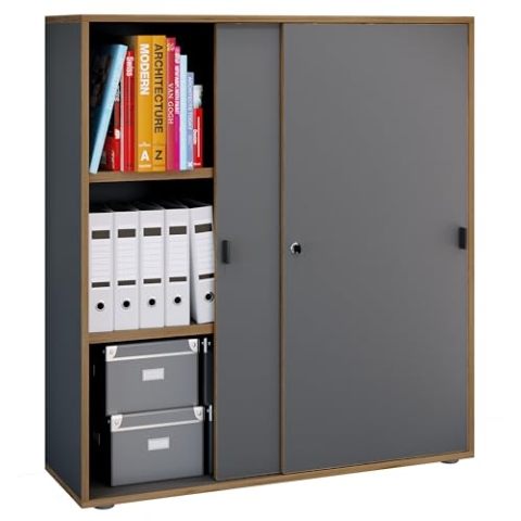 VCM Büroschrank mit 3 Fächern | moderner Aktenschrank mit Schiebetüren | Maße ca. H. 110 x B. 100 x T. 37 cm– Salia 3-Fach Anthrazit