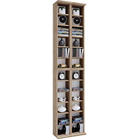 VCM Holz CD DVD Stand Regal | CD Regal mit Platz für 408 CDs oder 144 DVDs oder 80-Videos | Maße: H. 183 x B. 42 x T. 20 cm | Elegantes CD/DVD Regal | Blu ray Regal – Almera Sonoma-Eiche