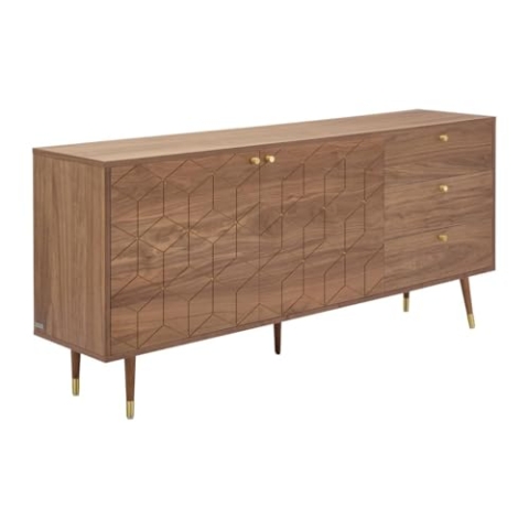 Vente-unique-Sideboard mit 2 Türen & 3 Schubladen - Nussbaumfurnier - Holzfarben dunkel & Goldfarben - PARIOMA