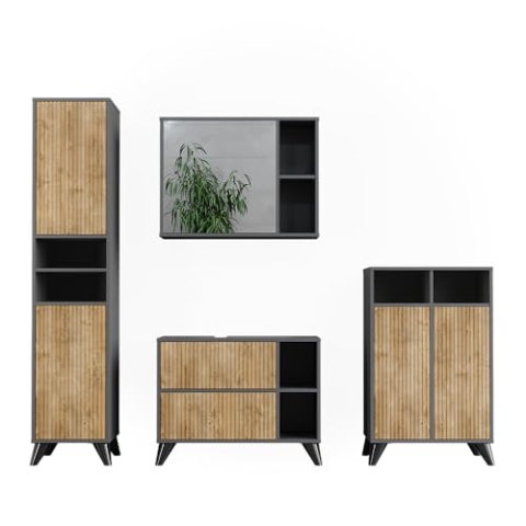 Vicco Badmöbel-Set Leano, Badezimmerschrank-Set, Anthrazit/Bergeiche, 80 cm, Set 4