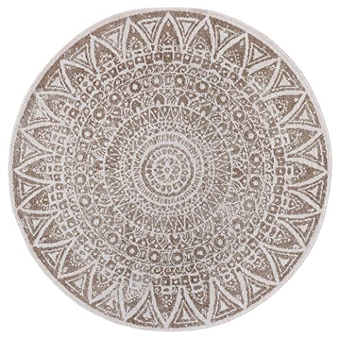 freundin Home Collection Lilja Flachgewebe In- und Outdoor Wendeteppich Wetterfest Modernes Mandala Design Teppich für Balkon Terrasse Garten Wintergarten Wohnzimmerteppich Wasserfest, Ø 200 cm, Linen