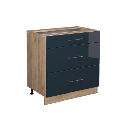 Vicco Küchenunterschrank Fame-Line, Dunkelblau Hochglanz/Goldkraft Eiche, 80 cm mit 3 Schubladen, ohne Arbeitsplatte