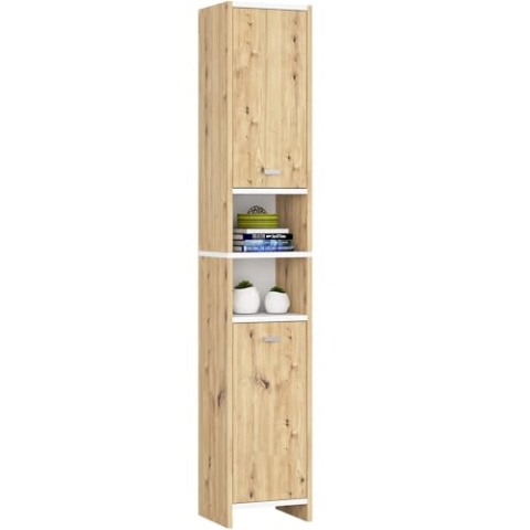 AKORD Badezimmersäule BETI 32 cm | mit 2 Türen | Badsockel | Praktisches Regal | Geräumig | Zeitlos | Ideal für kleine Bäder | B32 x H180 x T28 cm | Gewicht 24,70 kg | Artisan Eiche & Weiß