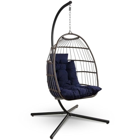 SereneLife Hängesessel mit Gestell – Rattan Hängesessel Indoor & Outdoor Wetterfest – Schaukel für Kinder & Erwachsene bis 250kg mit Dicke Kissen – Faltbarer Schaukelsessel für Terrasse & Schlafzimmer