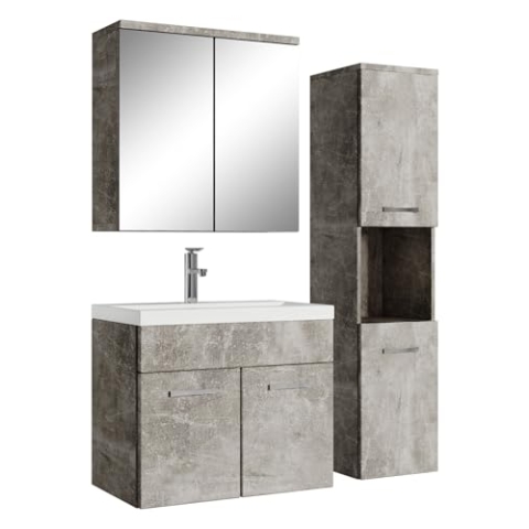 Badplaats B.V. Badezimmer Badmöbel Set Montreal mit Spiegelschrank 60cm Waschbecken Beton Grau - Unterschrank Hochschrank Waschtisch Möbel