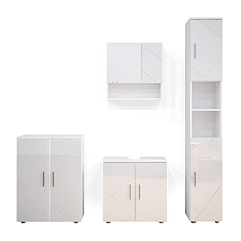 Vicco Badmöbel-Set Irma, Weiß Hochglanz, 4 Teile, mit Hochschrank und Kommode