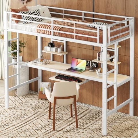 OKYION Hochbett Kinderbett 90x200cm mit praktische Schubladen und Rausfallschutz, Metallbett Stockbett mit Lattenrost und L-förmiger Schreibtisch, Jugendbett Bettgestell, Weiß