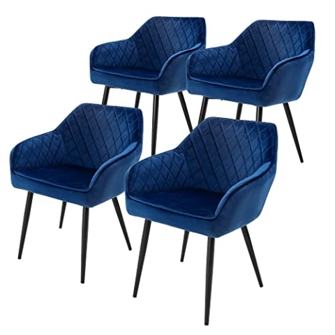 ML-Design 4er Set Esszimmerstühle mit Armlehne und Rückenlehne, Dunkelblau, Küchenstuhl mit Samtbezug, Polsterstuhl mit Metallbeinen, Ergonomischer Stuhl für Esstisch, Esszimmerstuhl Wohnzimmerstuhl