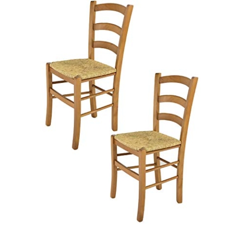 t m c s Tommychairs - 2er Set Stühle Venice für Küche und Esszimmer, robuste Struktur aus lackiertem Buchenholz im Farbton Eichenholz und Sitzfläche aus Stroh