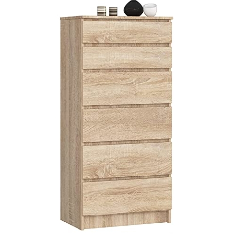 AKORD Kommode K60 mit 6 Schubladen | für das Wohnzimmer Schlafzimmer Schrank Büro Arbeitszimmer | Modernes Funktionales Design | B60 x H130 x T40 cm, Gewicht 43kg | Sonoma Eiche