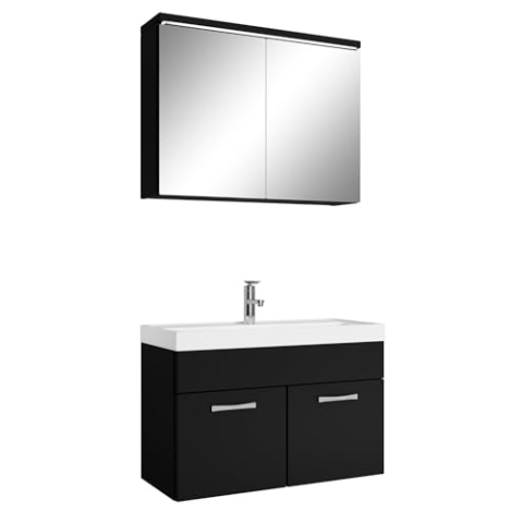 Badezimmer Badmöbel Set Paso 02 80cm Waschbecken Mat Schwarz - Unterschrank Schrank Waschbecken Spiegelschrank Schrank