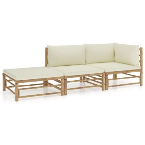vidaXL Gartenmöbel 3-TLG. mit Cremeweißen Kissen Garten Garnitur Sitzgruppe Sofa Lounge Gartensofa Sitzgarnitur Gartenset Ecksofa Mittelsofa Fußhocker Bambus