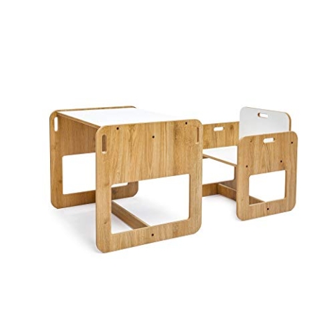 MINERA Montessori Kindertisch mit Stuhl aus Holz – Kinder Schreibtisch & Sitzgruppe für Kleinkinder (2–4 Jahre) – Lernmöbel Set für Spielzimmer & Kindergarten – Natur Holz, abgerundete Ecken