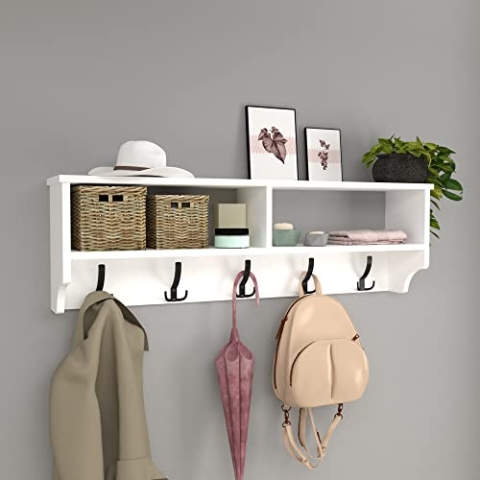 [en.casa] Wandgarderobe Åstorp 120 x 22 x 37 cm Kleiderhaken mit Zwei Ablagefächern Haken für Jacken Mäntel Schals wandmontiertes Hängeregal Wandregal für Flur Schlafzimmer und Wohnzimmer Weiß