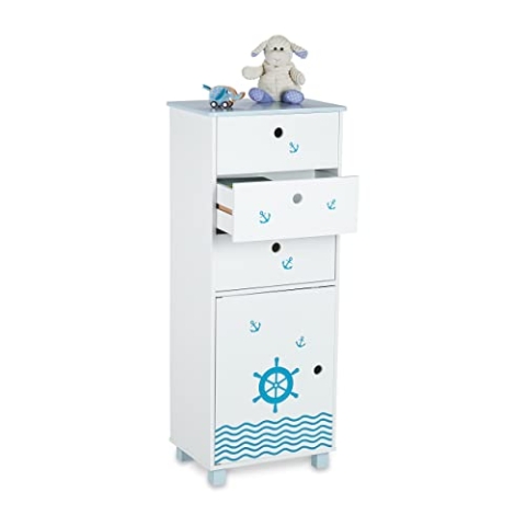 Relaxdays Kommode Kinder, Seefahrt-Design, 3 Schubladen, Türfach, Kinderzimmer Nachtkonsole, HBT 105x42x30 cm, weiß/blau