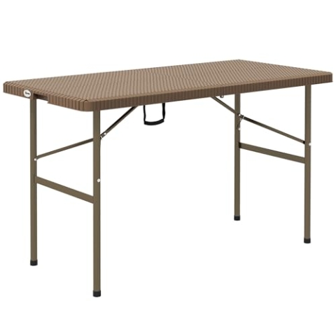 Outsunny Campingtisch Klapptisch mit Rattanoptik, Buffettisch für 4 Personen, Gartentisch für Balkon, Terrasse, bis 50 kg belastbar, HDPE, Braun, 122 x 60 x 73 cm