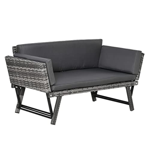 Outsunny Polyrattan Gartensofa 2 Sitzer Gartenmöbel Loungesofa Gartenbank Gartenliege klappbar Armlehnen Stahl Grau 129 x 63 x 67 cm
