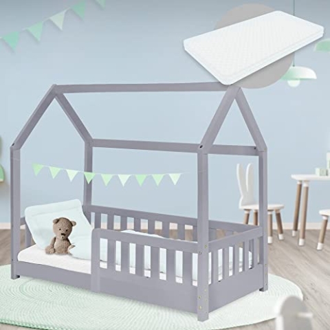 ML-Design Kinderbett 70x140 cm Hellgrau mit Matratze, Rausfallschutz, Dach & Lattenrost, Massivholz Spielbett, Hausbett für Mädchen/Jungen, Bettenhaus aus Kiefernholz, Jugendbett Kinderhaus Holzbett