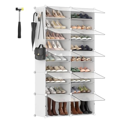 SONGMICS Schuhregal mit 10 Fächern, Schuhschrank, 30 x 40 x 30 cm pro Fach, schmal, mit Türen, Stahlrahmen, Kunststoff, für Flur, Schlafzimmer, Eingangsbereich, weiß LPC035W01