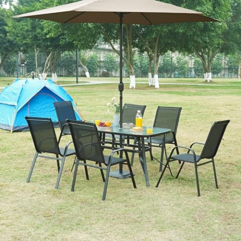 casa.pro Gartenmöbel-Set Aradeo 7-TLG. Outdoor Essgruppe Schwarz Sitzgruppe Balkonmöbel Set aus 1 Tisch und 6 Stühle Terrasse Loungemöbelset wetterfest