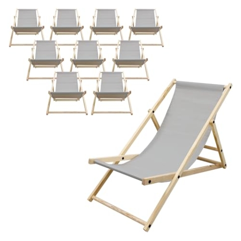 ECD Germany 10er Set Liegestuhl klappbar, Hellgrau, Holz, verstellbare Rückenlehne, 3 Positionen, bis 120kg, Sonnenliege Gartenliege Strandliege Strandstuhl Holzklappstuhl, für Garten, Balkon & Strand
