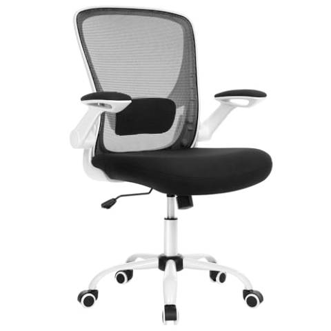 SONGMICS Ergonomischer Bürostuhl aus Segeltuch, Sessel, gepolsterte Lendenwirbelstütze, Wippmechanismus, breite Sitzfläche 53 cm, klappbare Armlehnen, schwarz und weiß OBN37WT