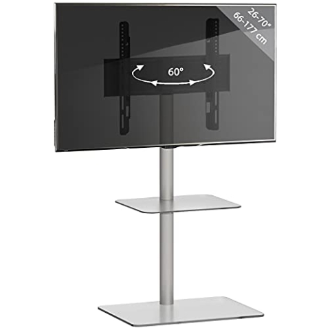VCM TV Standfuß mit Zwischenboden | Alu Rack Fernseh | ESG-Sicherheitsglas | Maße ca. H. 100 x B. 60 x T. 45 cm - Alani Klarglas