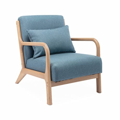 Design Sessel Holz und Stoff, Blau, gerades Fauteuil Lorens, skandinavische Zirkelbeine