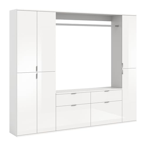 xonox.home Systemmöbel Projekt X 4tlg. Kombination Garderobe Ankleidezimmer Schranklösung Büro Ordnungssystem in Front weiß Hochglanz Korpus weiß Nb., ca.212x193x34cm