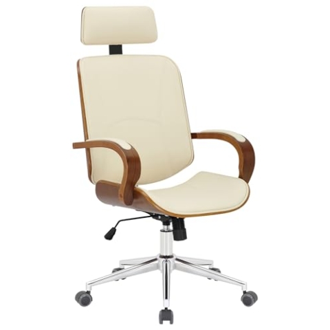 CLP Bürostuhl Dayton aus Kunstleder Drehstuhl mit Kopfstütze, Wippfunktion & Höhenverstellung | Schreibtischstuhl für Büro 360° drehbar, Farbe:walnuss/Creme