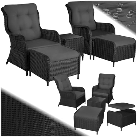 tectake® 2X Premium Rattan Sessel mit Hocker und Tisch, Relaxsessel für Garten, Terrasse und Balkon, Lounge Gartenmöbel Set wetterfest, Gartenstühle, Lesesessel und Sonnenliege - schwarz/grau