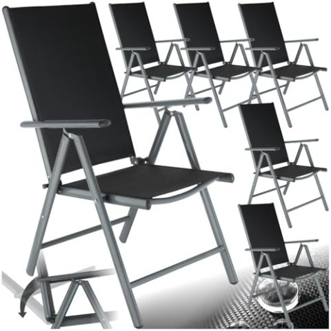 tectake® Aluminium Gartenstuhl 6er Set, Klappstuhl mit 7-facher Neigungsverstellung und hoher Rückenlehne, Gartenmöbel Set mit 6 Stühlen, klappbar, ideal für Garten, Terrasse und Balkon - anthrazit