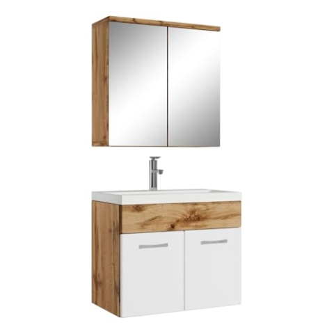 Badplaats B.V. Badezimmer Badmöbel Set Montreal 01 mit Spiegelschrank 60cm Waschbecken Eiche mit Weiß - Unterschrank Waschtisch Möbel