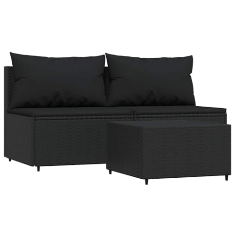 vidaXL Garten Lounge Set 3-TLG., Gartenmöbel Set mit Kissen, Sitzgruppe für Garten Terrasse, Modular Sofa Garnitur Loungemöbel, Schwarz Poly Rattan
